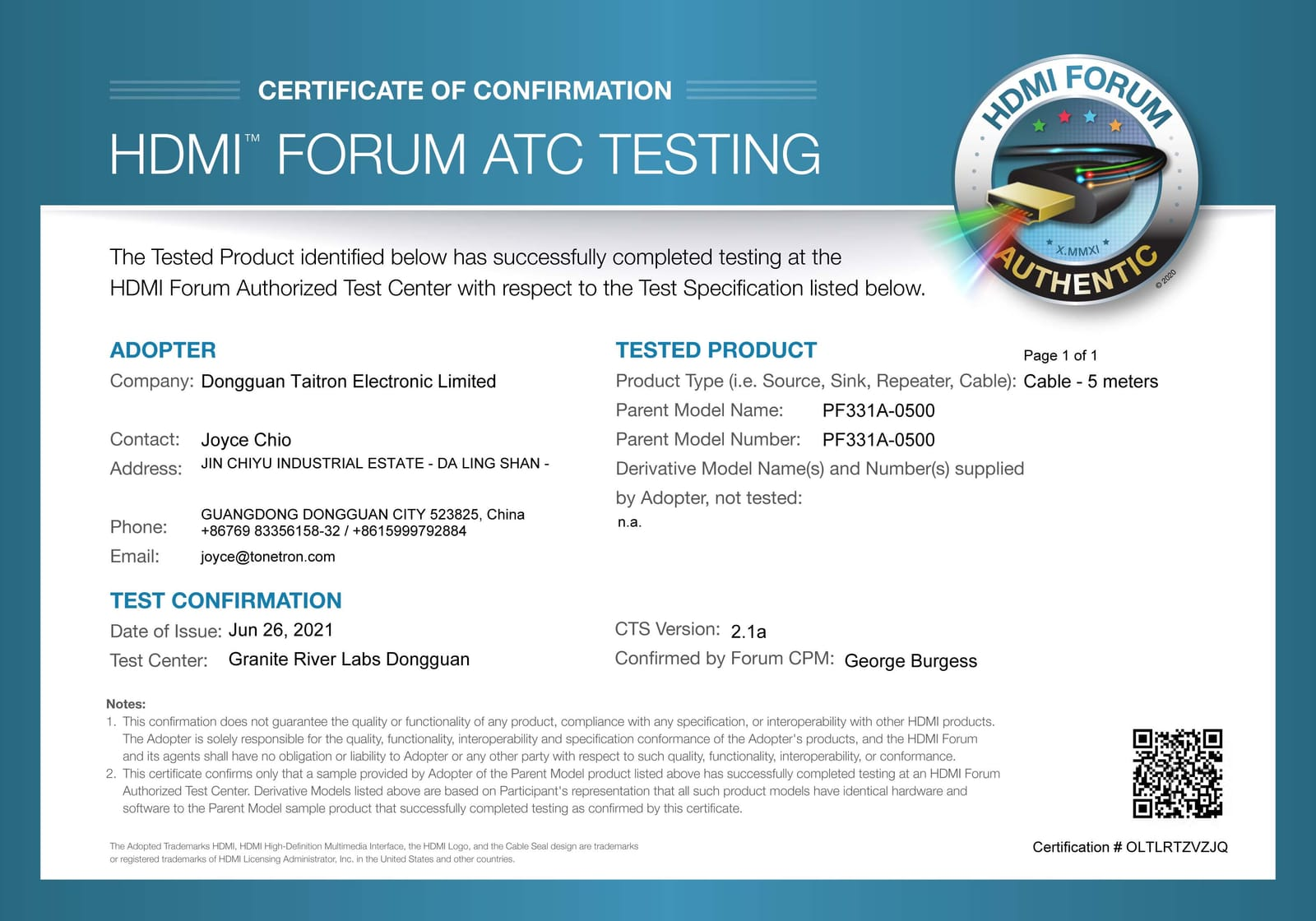 HDMI A 8K Certified Cable 5.0m - PF331A — Product image 2