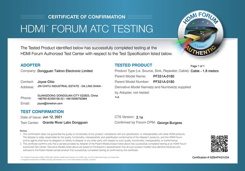 HDMI A 8K Certified Cable 1.8m - PF331A — Product image 2