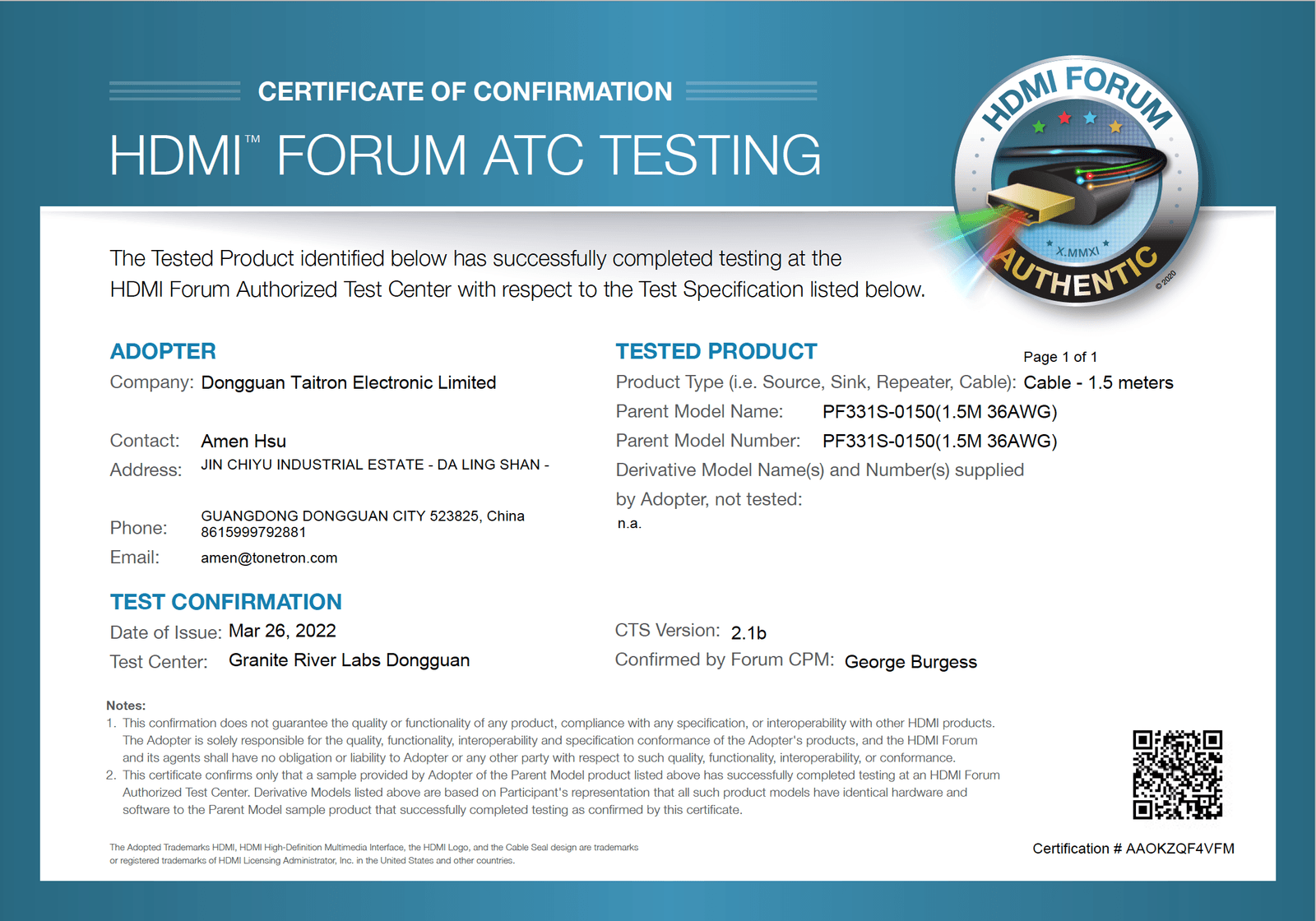 HDMI A 8K/60 Certified Cable 1.5m - PF331S — Product image 3